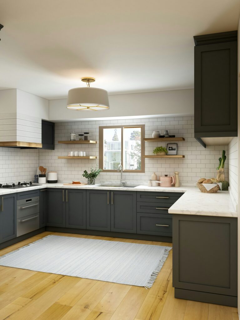 Modern farmhouse kitchen with custom white cabinets